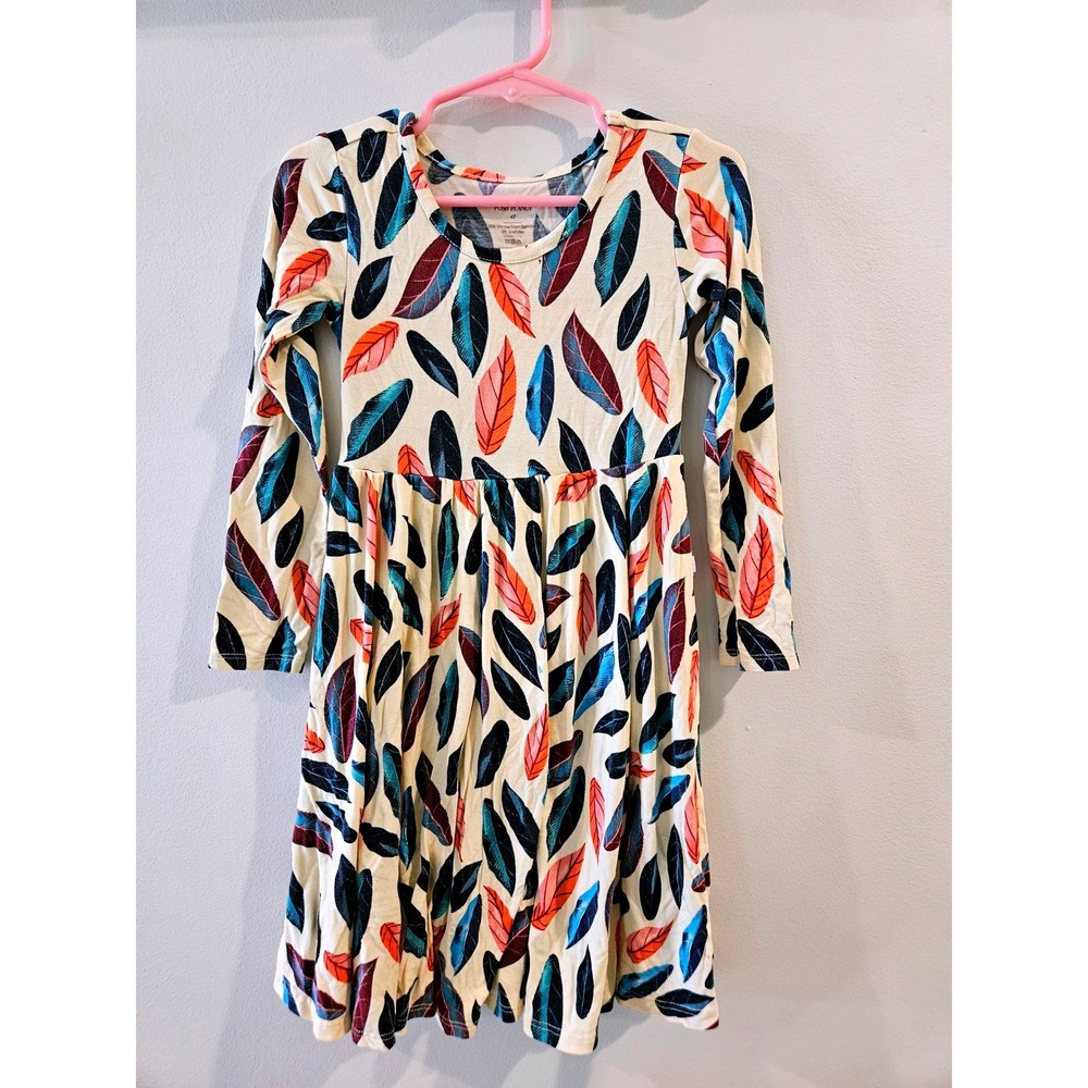 Posh Peanut Girls Long Sleeve Feather Print Skater Flare Dress Bamboo Stretch 4T